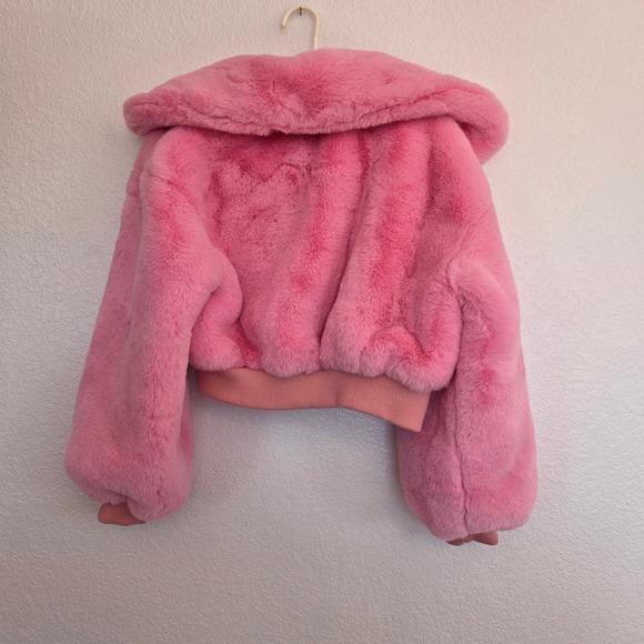 Azalea Wang Pink Faux Fur Cropped Bomber Jacket Womens LARGE - Picture 5 of 7